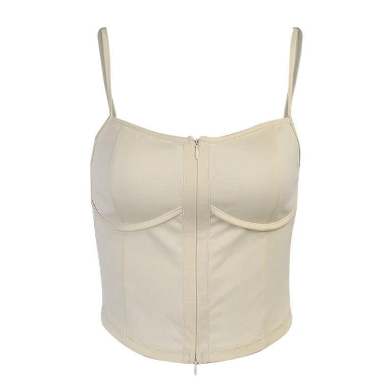 

InstaHot Double Zipper Sexy Camis Slim Crop Top Summer 2021 Casual Streetwear Sleeveless Camisole Party Spaghetti Strap Corset