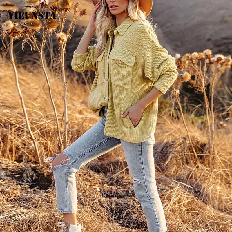 

Модные осенние однотонные рубашки с отложным воротником, элегантная однобортная Вельветовая женская блузка, топы, женские повседневные бл...