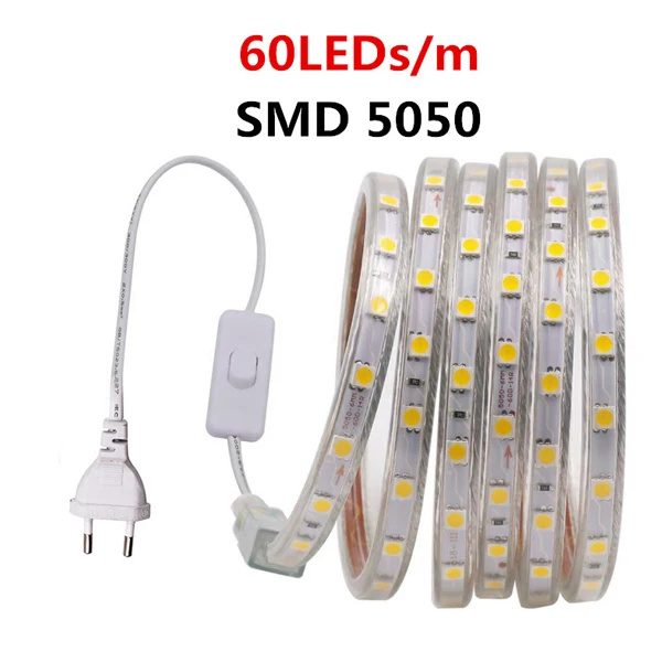220V 276Leds/m SMD 2835 LED Strip Three Row Waterproof White Warm White Flexible Led Strip Light With Switch For Home Decoration - Испускаемый цвет: 60LEDs 5050