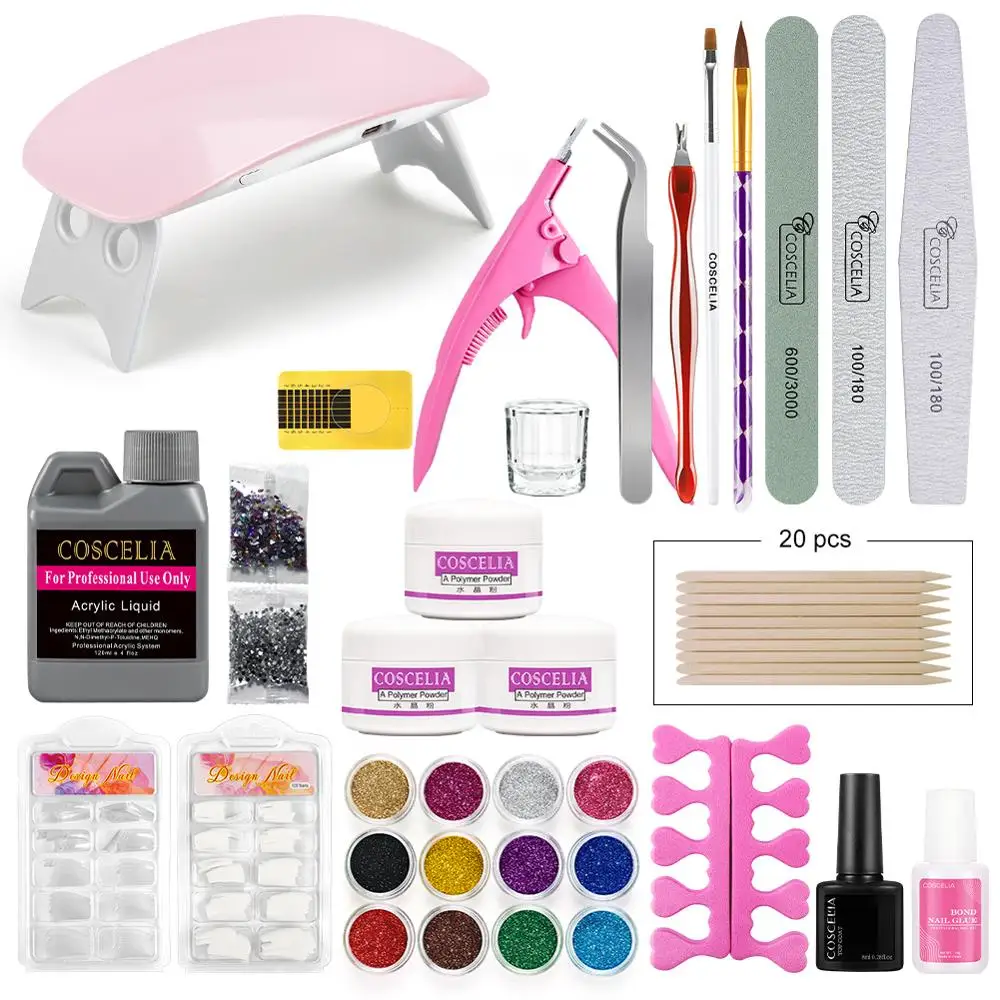 

Pro Acrylic Kit With Nail Lamp Dryer Acrylic LiquidNail Tips Full Nail Manicure Set Nail Art Tool Kit Nail Glue Glitter Powder
