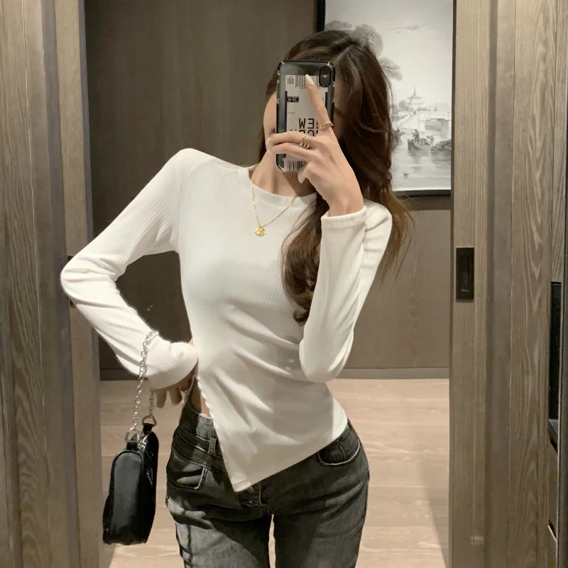 

2021 New Autumn Split Long Sleeve Internet Hot T-shirt Women's Ins Super Popular Inner Bottoming Shirt Skinny Slimming Top
