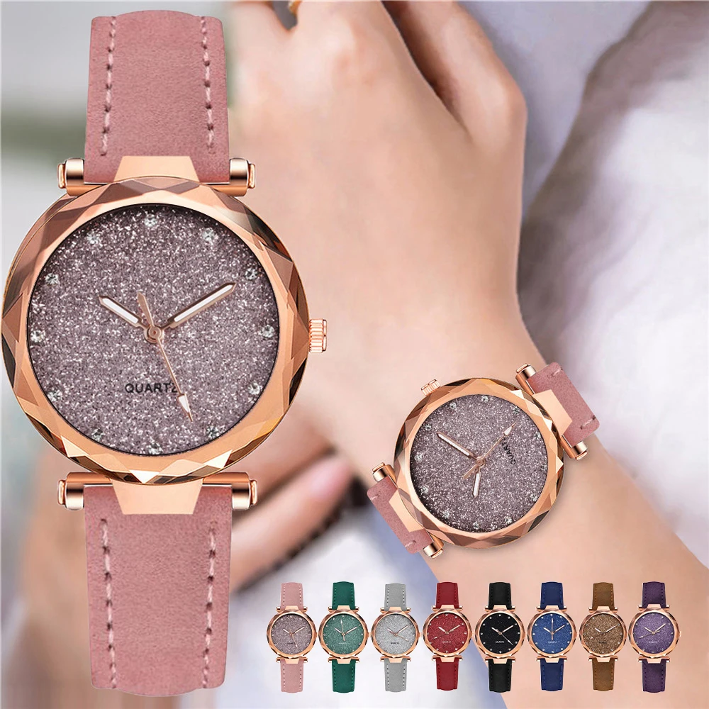 Women Starry Sky Dial Watch Fashion Luxury Ladies Leather Quartz Wrist Watches Relogio Feminino Dropshipping top brand luxury starry sky dial quartz wrist watch women fashion mesh band magnet buckle casual watches ladies clock relogio
