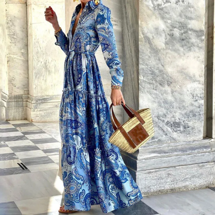 

New Women's Dress Stand Collar Button Long Sleeve Stitching Pleated Temperament Long Dress Maternity Clothes Maternity Dresses