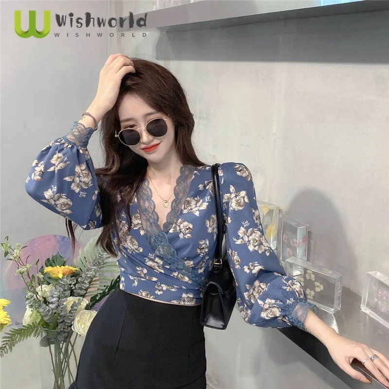 

Autumn New Vintage Printed Lace Flower Long Sleeve Chiffon Shirt Fashion Women Casual Splicing V-neck Bow Sexy Top Blouses