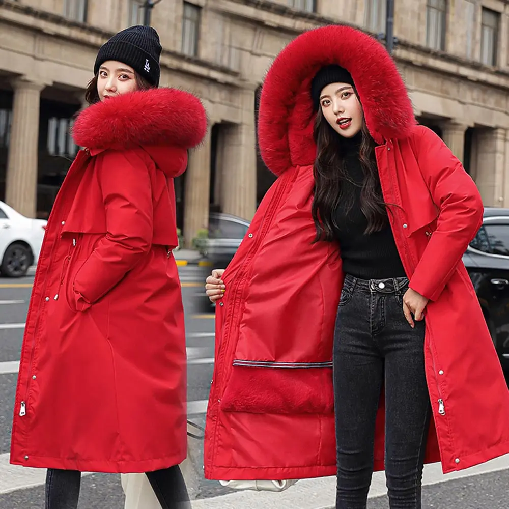 Vielleicht 2022 Winter Jackets For Women Long Solid Wool Liner Long Female Parkas Hooded With Fur Collar Thick Coat