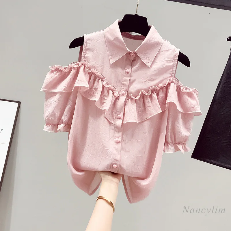 

Summer Short Sleeve Chiffon Shirt Women 2021 New Fashion Off Shoulder Ruffle Blouse Top Girls Ladies Casual All-Match Blusas