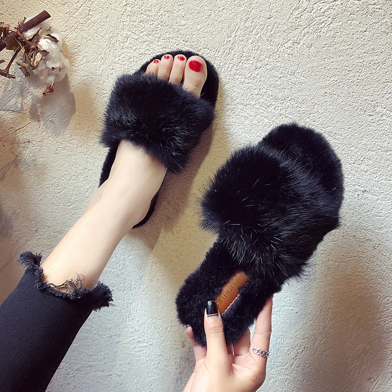 

2020 Winter Home Shoes Women House Slippers Warm Faux Fur Ladies Soft Plush Furry Female Open Toe Slides Fashion Shoes MTX72