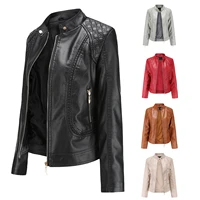 fashion womens long sleeve faux leather stand up collar zipper stitching solid colors slim fit motorcycle jacket outerwearg3