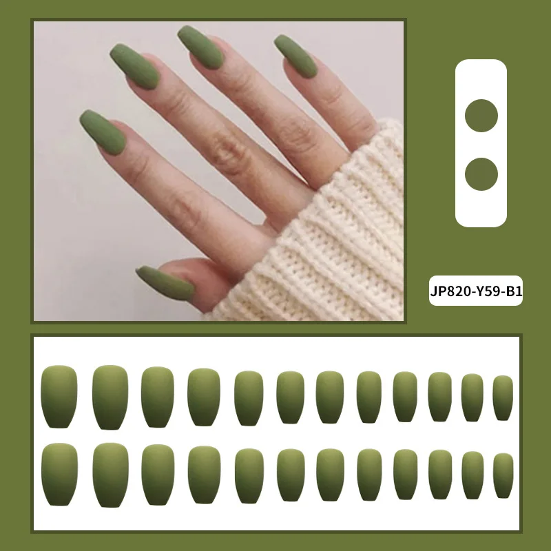 

24Pcs Fake Nails Fashion Matte Green Frosting Solid Color Long Ultra Thin Coffin Full Cover False Nails With Glue DIY Nail Art