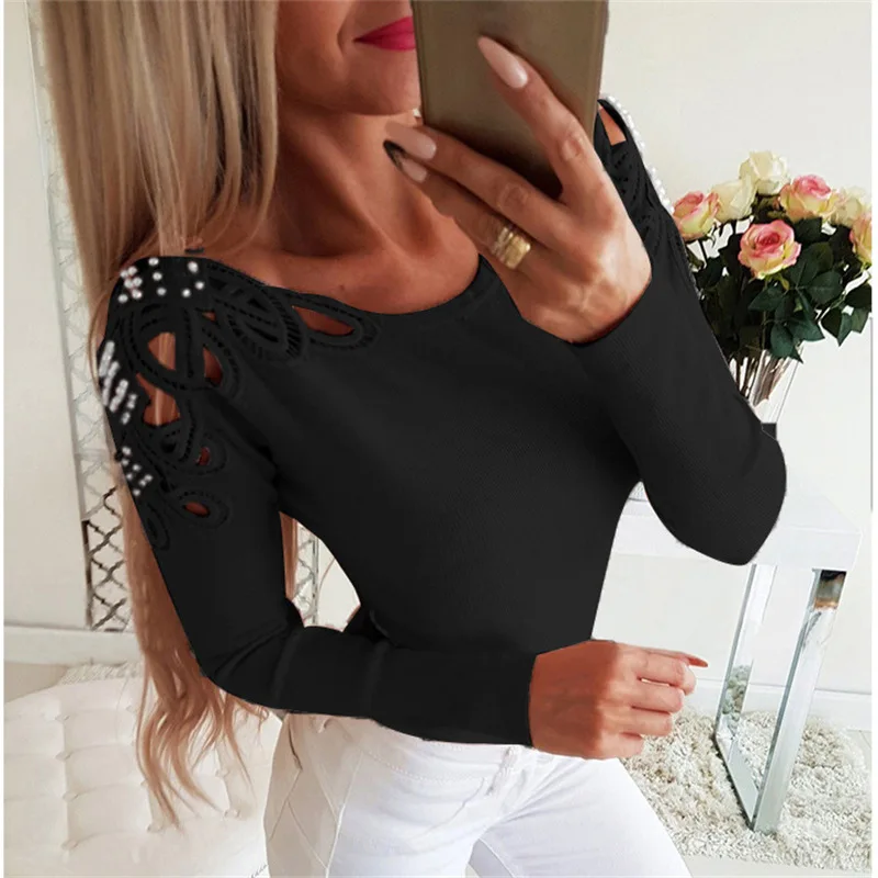 Женская Кружевная футболка с длинным рукавом вырезами | одежда