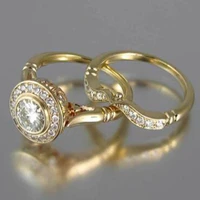 2pc golden color bridal ring sets romantic proposal wedding rings foe women trendy round stone setting wholesale lots