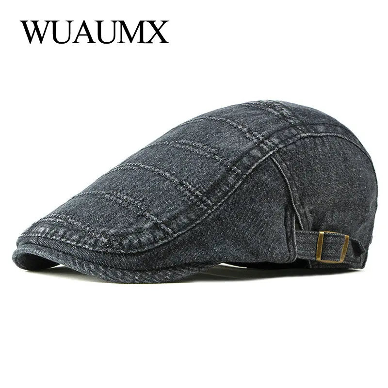 

Wuaumx Berets Hat For Men Women Spring Summer Denim Visor Peaked Ivy Cap Black Blue Duckbill Hat Casual Painter Newsboy Cap