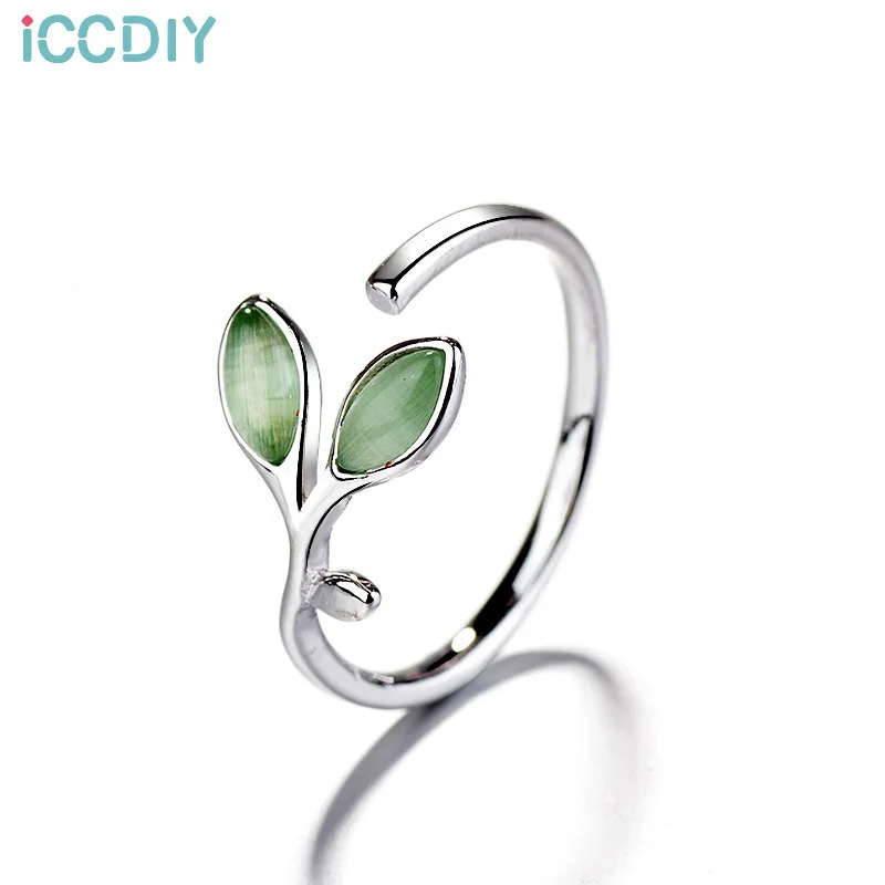 

Green cat's eye stone tender leaf opening ring feminine temperament literature and art small fresh leaf Adjustable Ring Jewelry