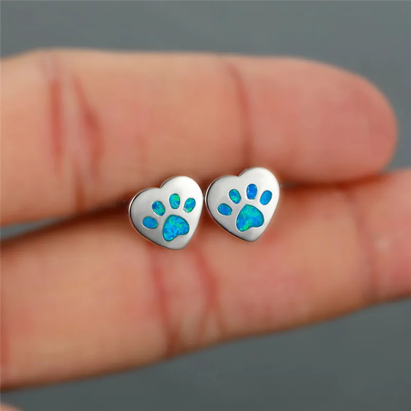 

Cute Boho Female Small Heart Earrings Rose Gold Color Blue White Opal Earrings Dog Cat Paw Claw Stud Earrings For Women