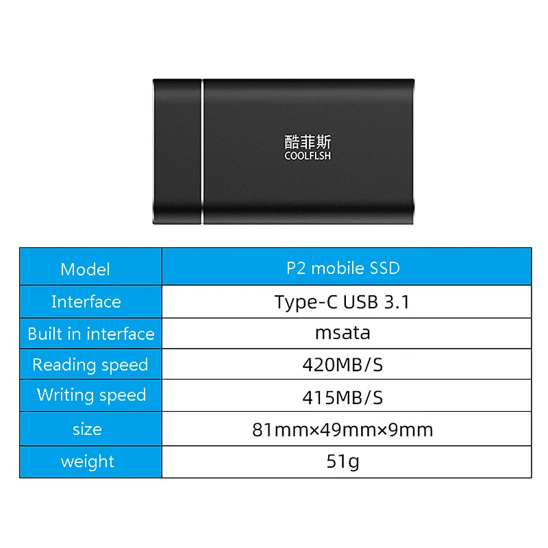 

COOLFISH External Hard Drive NGFF 256GB SSD Type C 3.1 Mini Solid State Drive / Mobile Hard Drive for Windows/Android/MAC Os