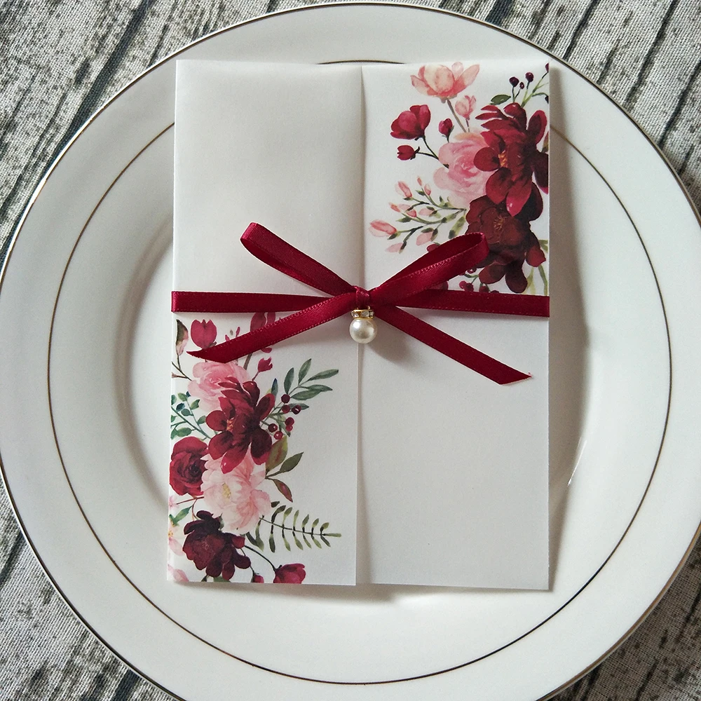 50 шт. темно-красные цветы на заказ Печать вощеная бумага Свадебные Приглашения с