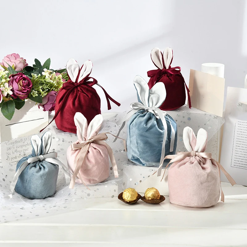 

Cute Bunny Easter Gift Bags Velvet Valentine's Day Rabbit Ear Chocolate Candy Bags Wedding Birthday Party Jewelry Organizer