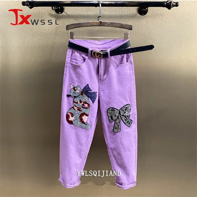 

Джинсы женские с высокой талией, Модные свободные фиолетовые брюки из денима с украшением в виде кошки с блестками, уличные брюки-султанки в...