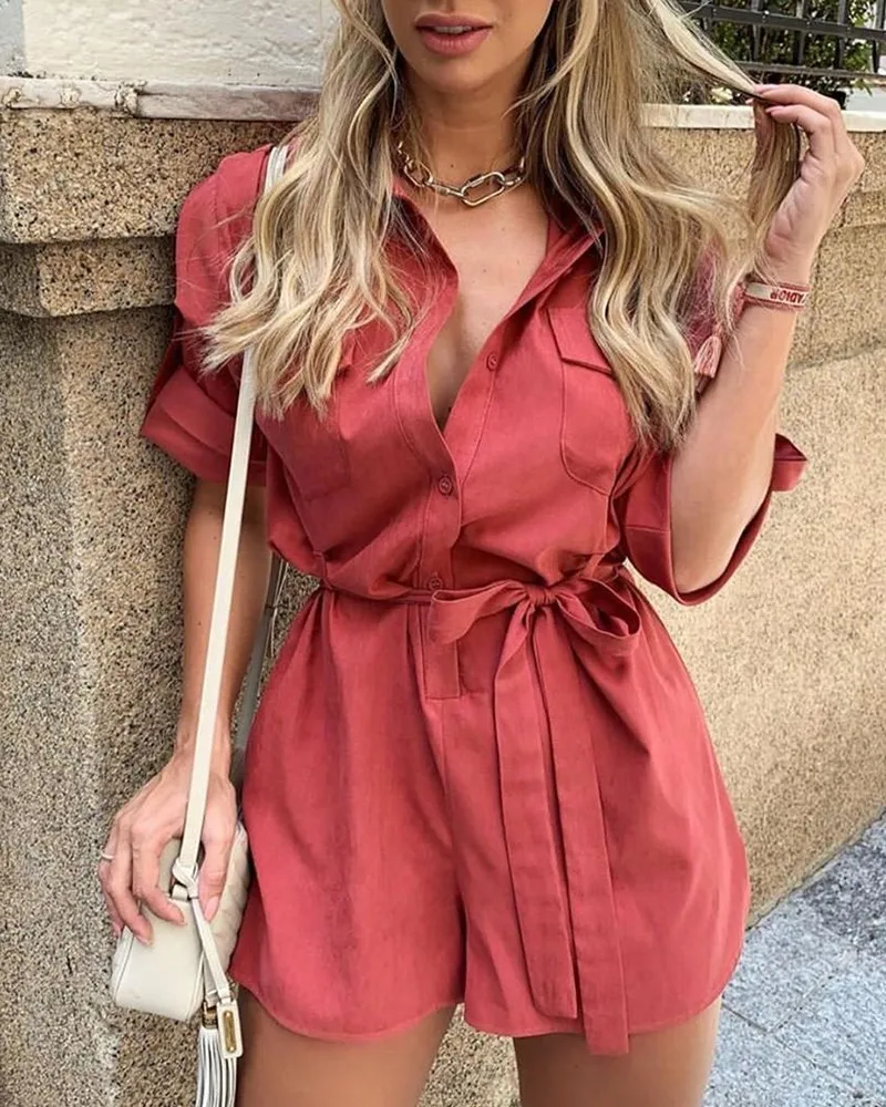 Женский слитный комбинезон с коротким рукавом и широкими штанинами повседневный