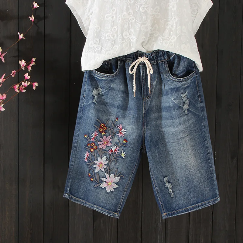 

Summer Thin Flower Embroidered Shorts Jeans Woman Holes Ripped Ladies Vacation Beach Capris Denim Shorts Pants jean femme