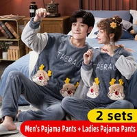 thick couple coral fleece thick round neck long sleeved trousers pajamas s two piece suit cartoon home wear men s and women