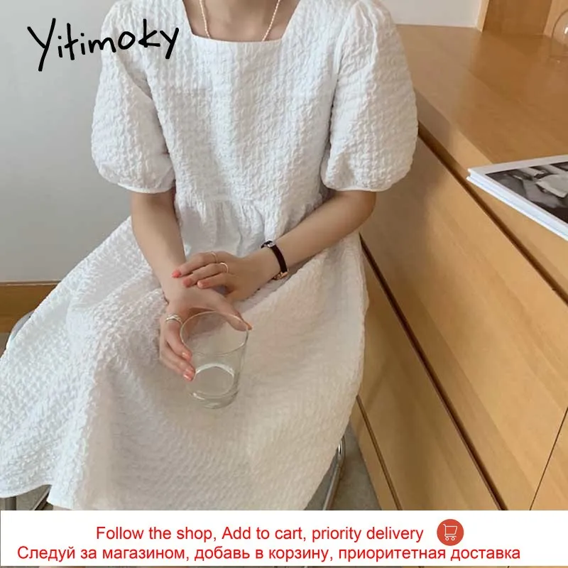 

Yitimoky Puff Sleeve Square Collar Woman Dress 2021 Summer Korean New Dresses Pullover Loose Waist Solid White Simply Style