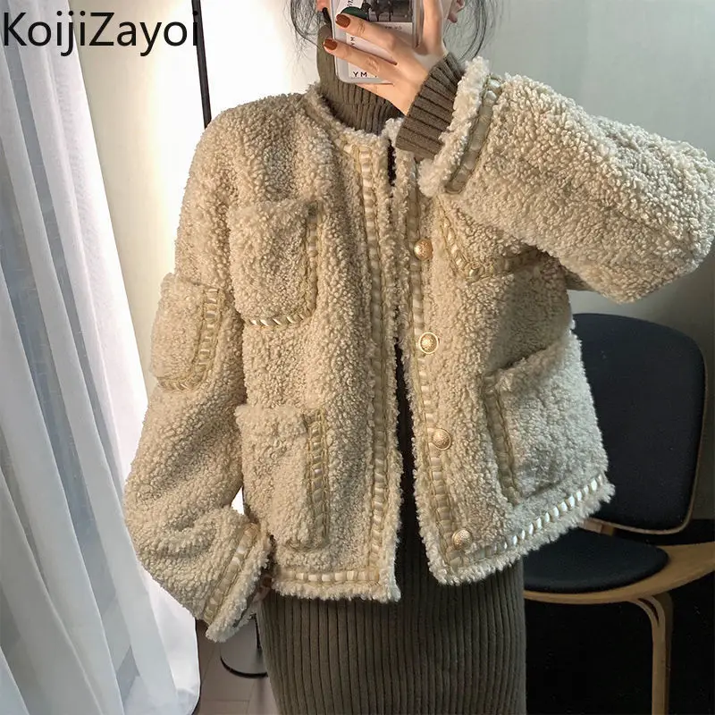 

Зимнее теплое Женское пальто Koijizayoi, пушистая винтажная Офисная женская утепленная куртка, однобортная Корейская верхняя одежда, пальто, по...