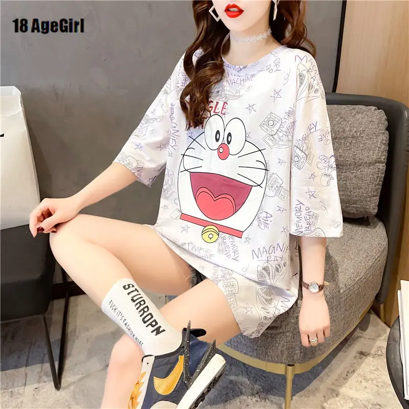 

2021 Spring New Doraemon Round Neck Cute Couple Sweater Cartoon Printed Retro Long Sleeve Hoodie Hooded Kawaii Clothes for Girl