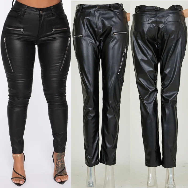 

Free Shipping Fashion Tight-Fitting Casual Pants for Women Zipper Mid-Waist Leather Pockets Foot Pants New