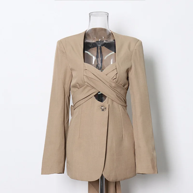 

Sexy Criss-cross Strap Hollow-out Women Suit Blazer One Button Elegant Long Sleeve Blazer Top