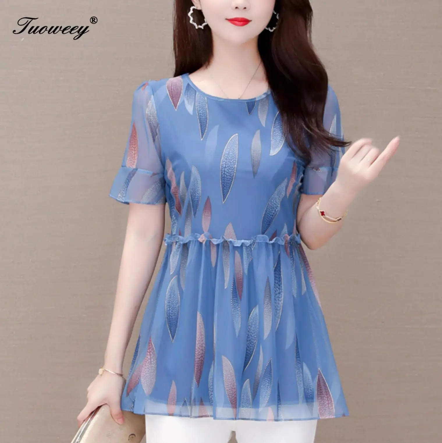 

2020 летняя стильная шифоновая женская блузка с v-образным вырезом, женская блузка, Женские топы и блузки с оборками, женские блузки