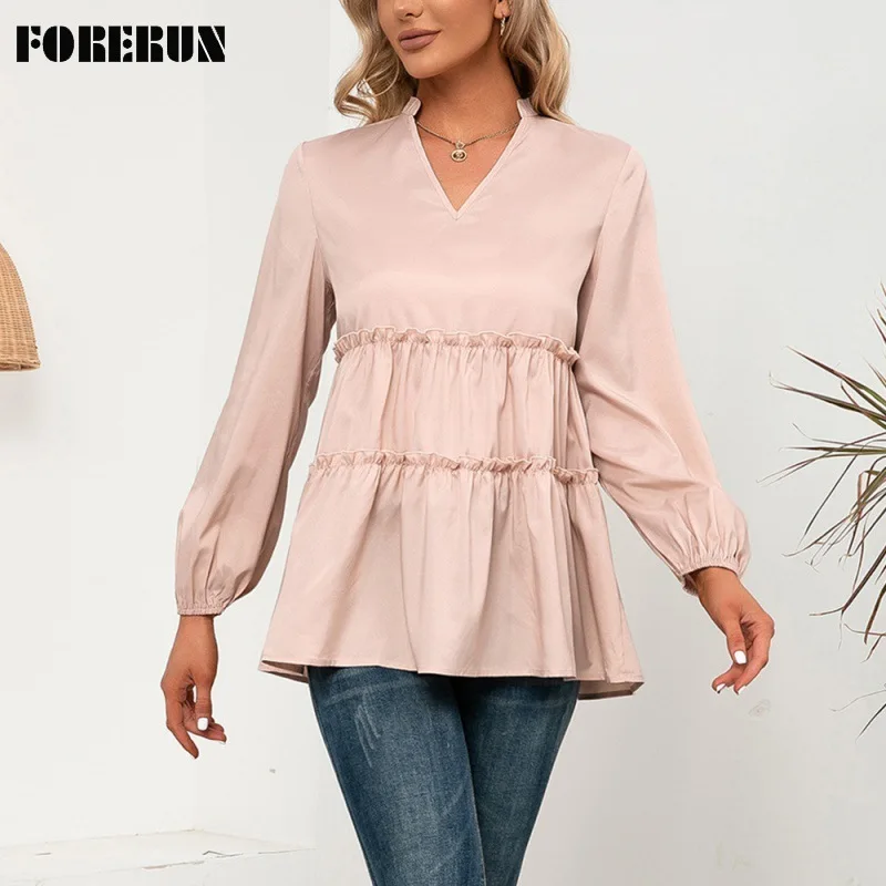 

FORERUN Women Tops and Bloues Edible Tree Fungus Pink V-Neck Lantern Long Sleeve Top Fall Winter Blusas Mujer De Moda 2021