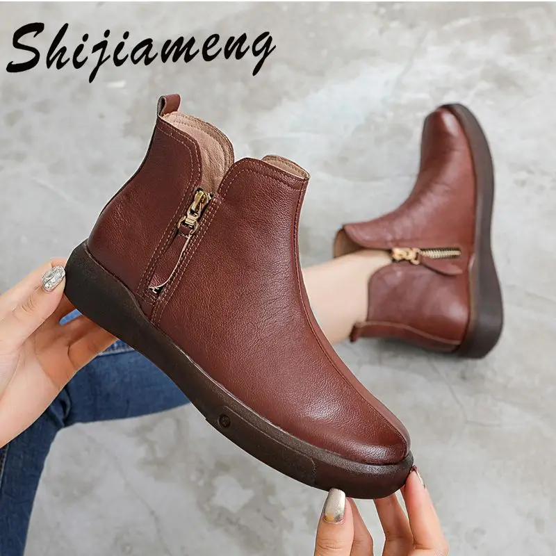 

Calf skin single lining autumn and winter Plush warm boots women's cattle tendon bottom retro middle-aged and old Martin boots