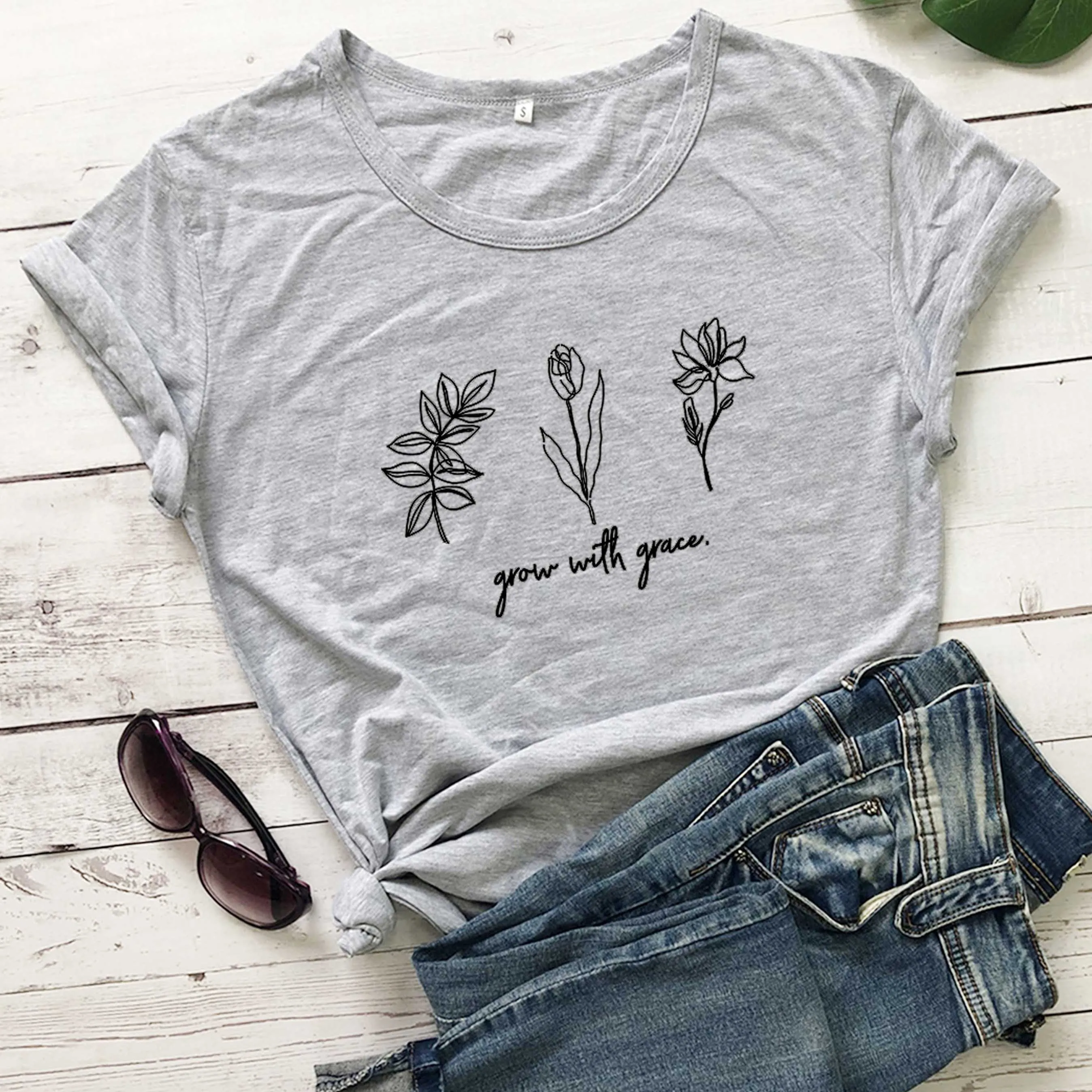 

Grow With Grace t shirt women fashion flowers graphic cute slogan grunge tumblr hipster tees vintage party young gift tops-L857
