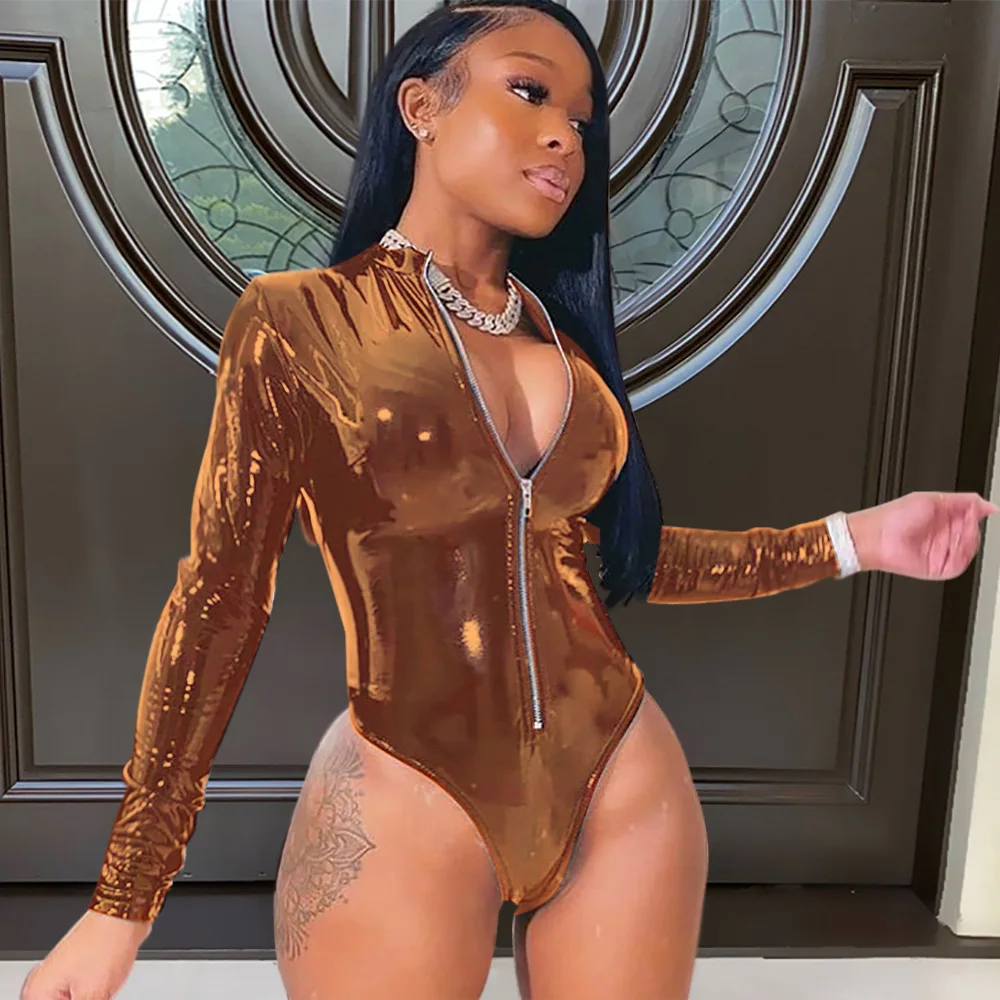 

PU Leather Rompers Sexy Black Bodysuit Womens Long Sleeve Jumpsuit Winter 2021 Turtleneck Night Party Club Bodysuit