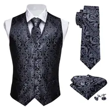 Designer masculino clássico preto paisley jacquard folral coletes de seda lenço gravata colete terno bolso quadrado conjunto barry. wang (2)