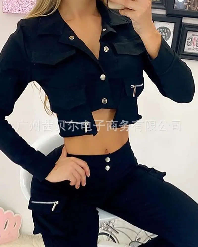 

WEPBEL Autumn Solid Color Button Pocket Zipper Suit Women Long Sleeve V-neck Single Breasted Coat + High Waist Pencil Pants Suit