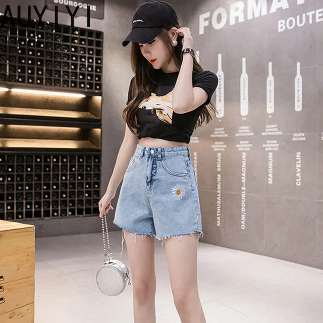 

2021 Summer Fashion New Slim Straight High Waist Trend Daisy Embroidered Hole Denim Wide Leg Pants AUYIYI