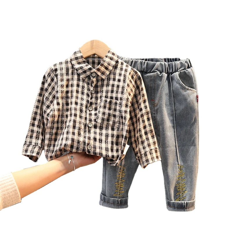 

Детская весенне-осенняя хлопковая одежда, клетчатая рубашка и брюки для маленьких мальчиков и девочек, 2 шт./компл., детская одежда для малыш...