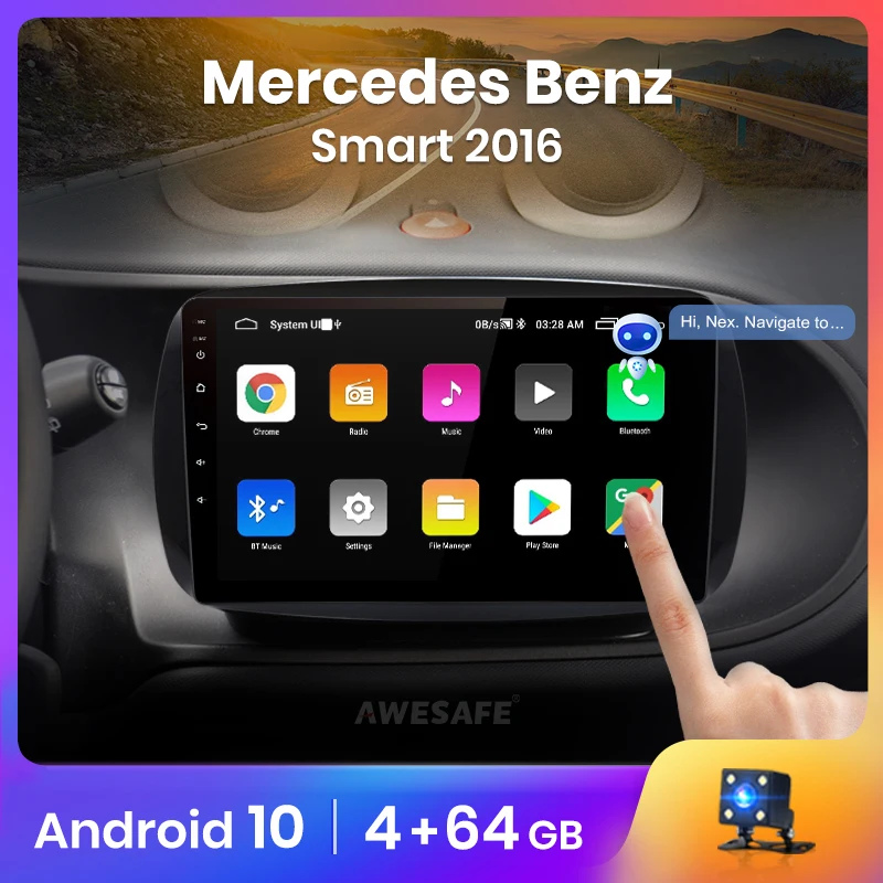 Awesafe 4+64 ГБ Android 10 для автомобиля Mercedes Benz Smart 2016 Мультимедийный видеоплеер Навигация GPS 2 din Бесплатно включено.