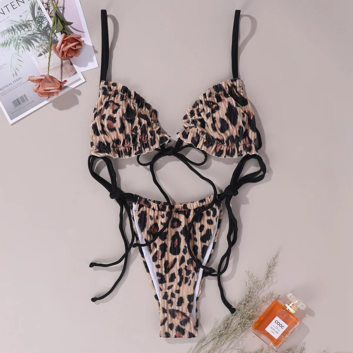 

2021bikini new open back sexy split swimsuit women's leopard Lace Up Bikini