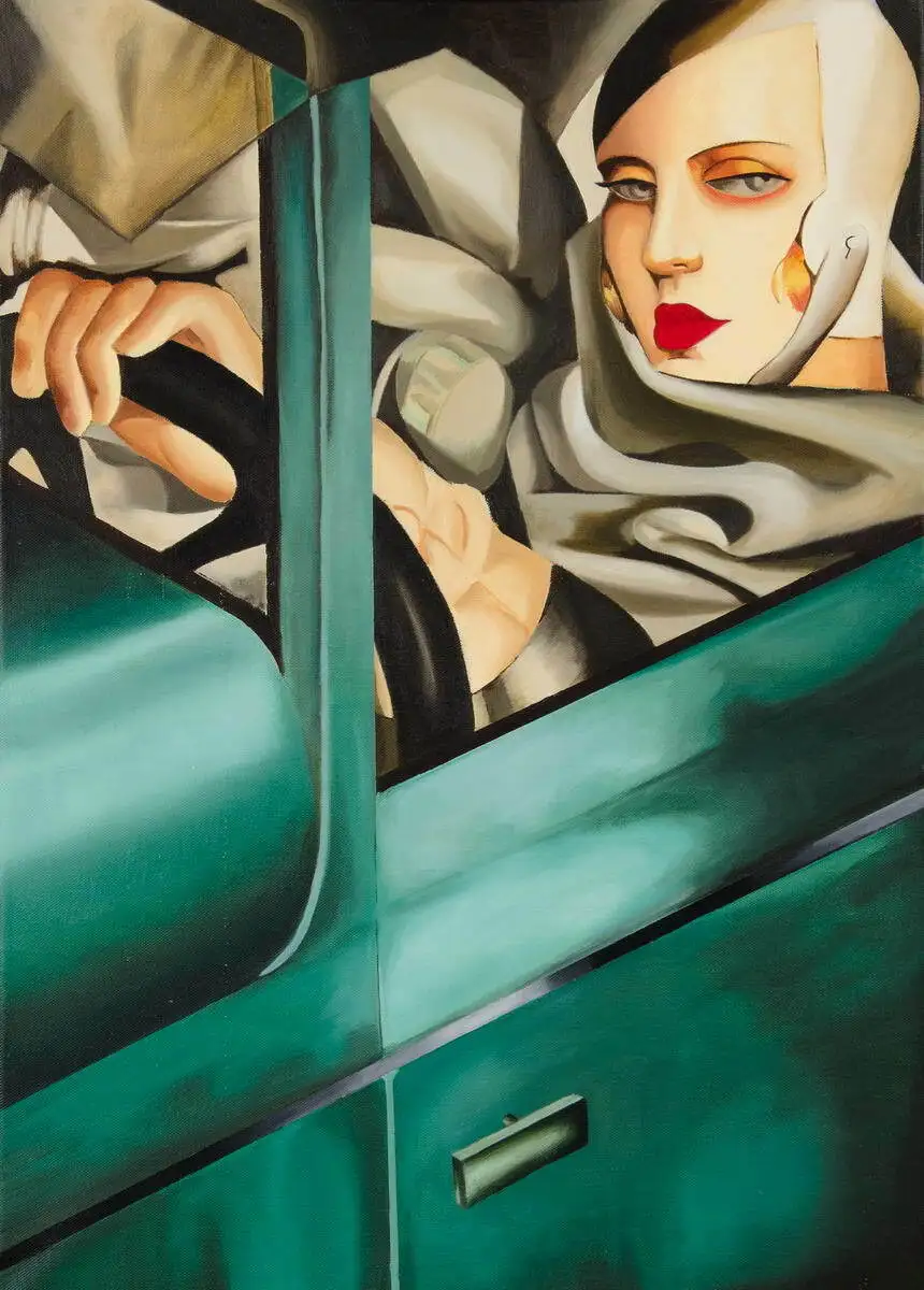 Amara De Lempicka Автопортрет в зеленом Bugatti Художественная печать постер Масляные