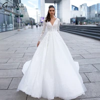 modern a line lace wedding dress 2022 long sleeve beaded 3d flowers v neck backless bride gown customized vestido de novia