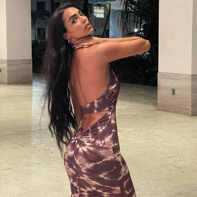 

Aushiya Tie Dye Summer Dress Backless Halter Waist Cut Out Dress Clubwear Sexy Party Bodycon Maxi Dresses Woman Beach Robe