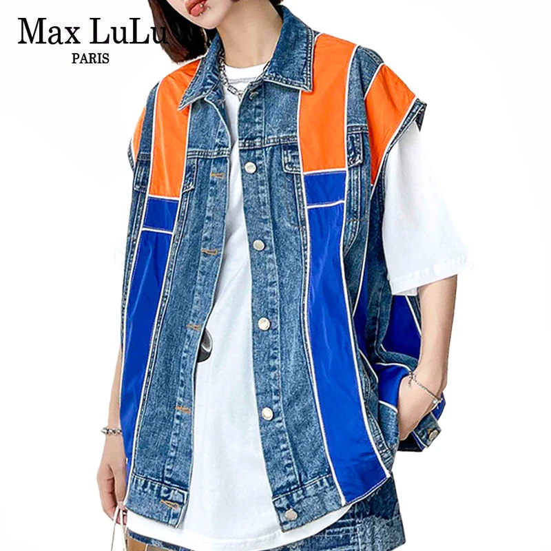 

Max LuLu Korean Fashion Blue Denim Harajuku Vest Coat 2021 Women Button Sleeveless Clothing Girl Loose Contrast Color Waistcoats