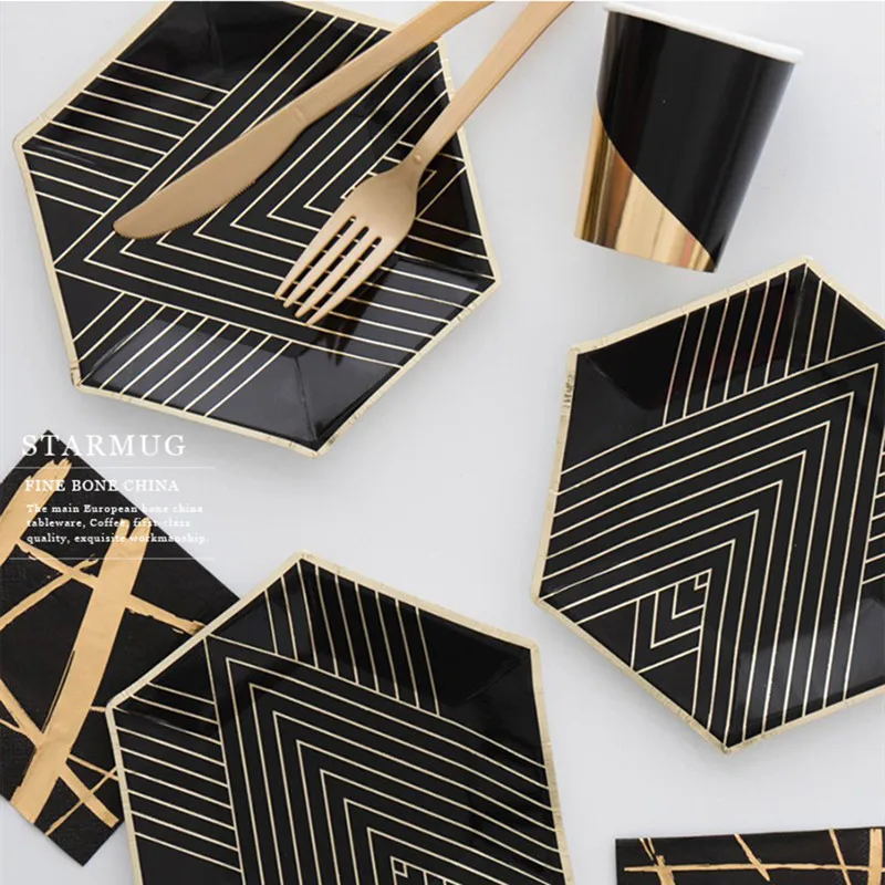 

Disposable Tablewares Paper Plate Black Gold Cups Napkins Wood Spoons Bithday Party Wedding Decorations Party Supplies Table Set