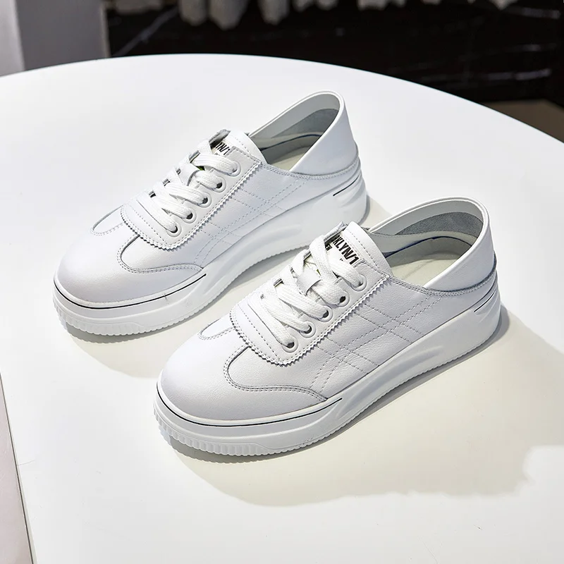 

GPOKHDS 2021 Women Sneakers Leather White Color Sewing Lace Up Casual Trend Female Comfortable Platform Vulcanize Shoes