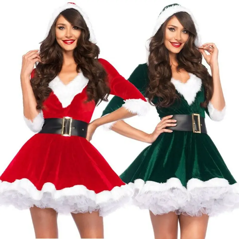 

Adult Women Dress Winter Elegant Christmas Santa Outfit Sexy V Neck Claus Costume Cosplay Xmas Thick Warm Mini Dresses Red Green