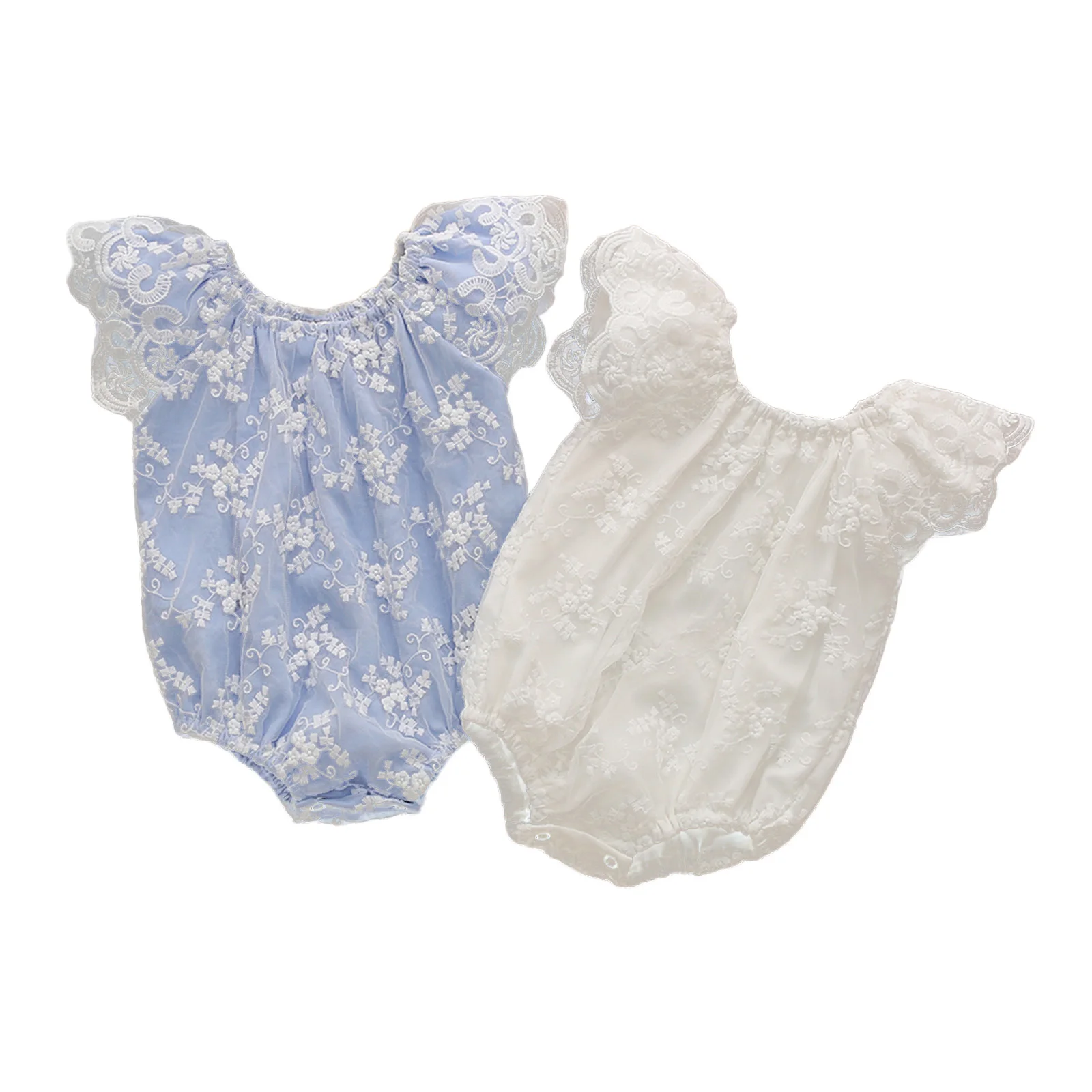 

0-24M Toddler Baby Lace Decoration Bodysuit, Infants Flying Sleeve Romper Round Collar Solid Color Clothing