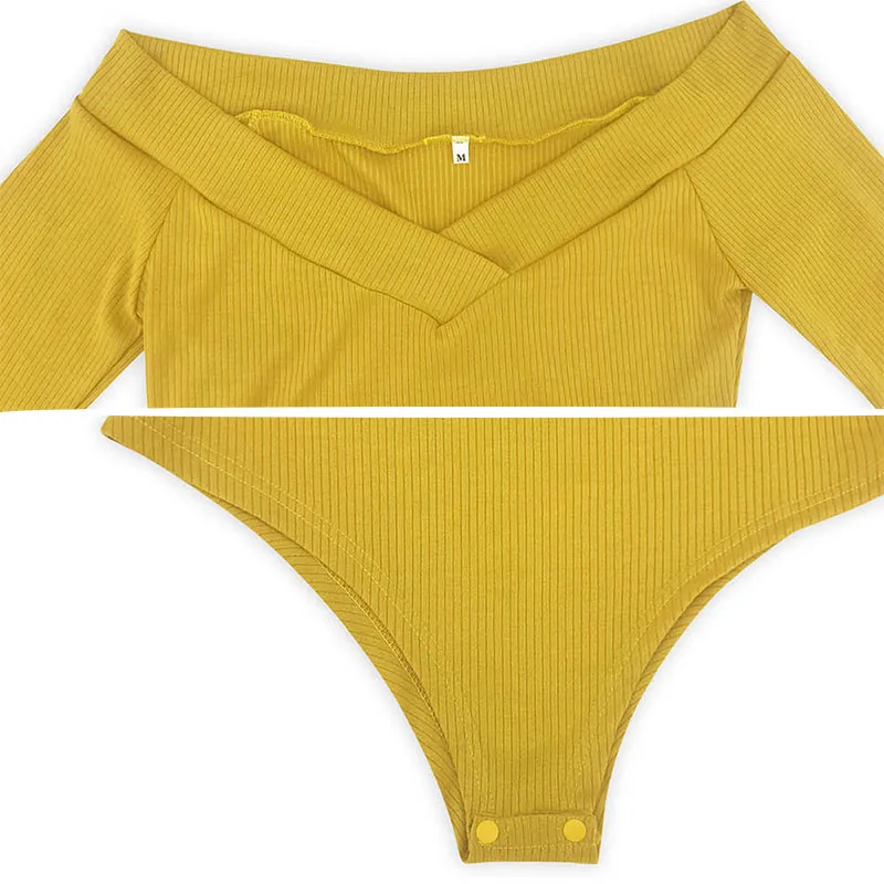 

Women 2019 Long Sleeve Bodysuits Off Shoulder V-Neck Autumn New Skinny Ribbed Femininas Jumpsuits Bodycon Casual Rompers GV207